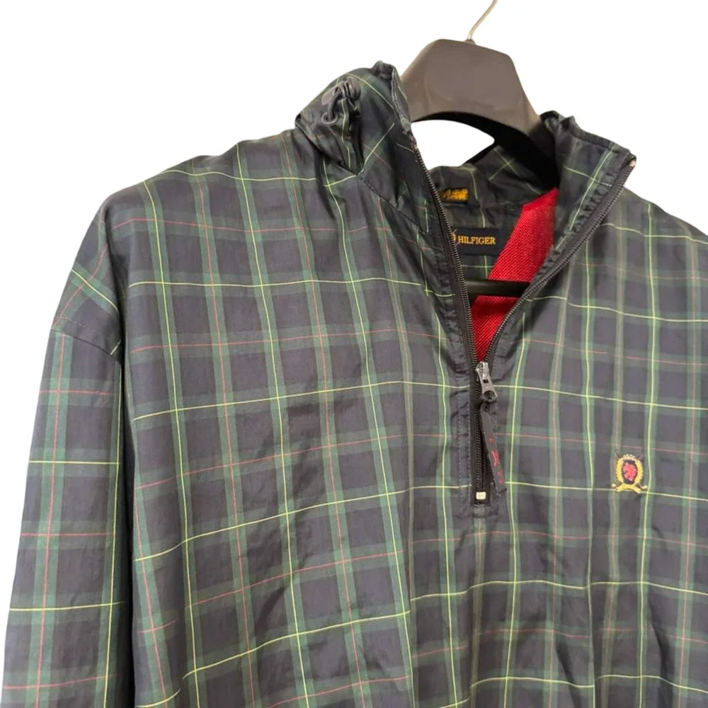 Tommy Hilfiger Golf 1/4 Zip Pullover Windbreaker Navy Plaid Jacket Hooded sz XXL